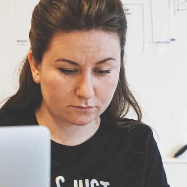 Cyd working, looking at something on the screen