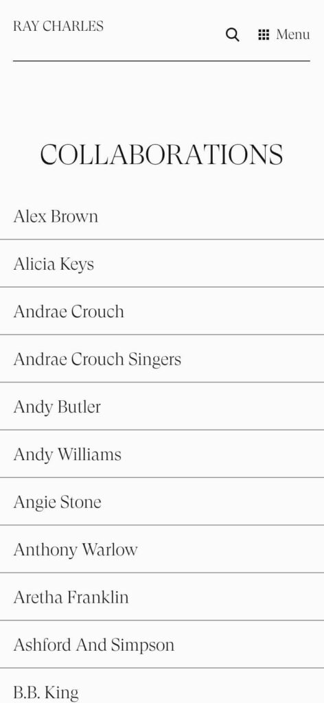 Screenshot of Ray Charles website on mobile (Collaborations page)